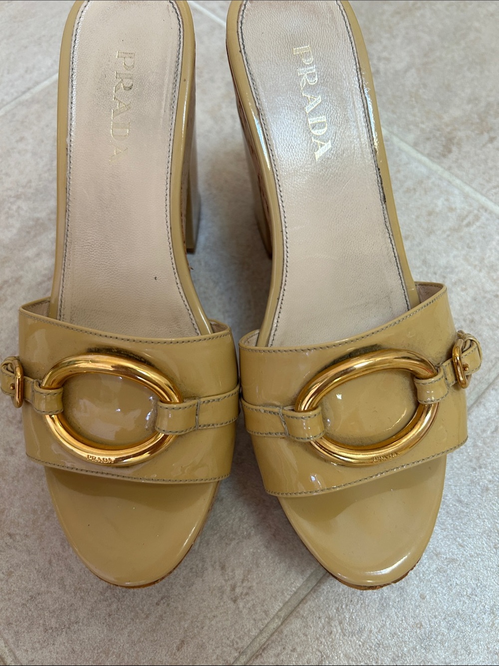 Prada Patent Leather Cork Platform Wedge Mules Beige